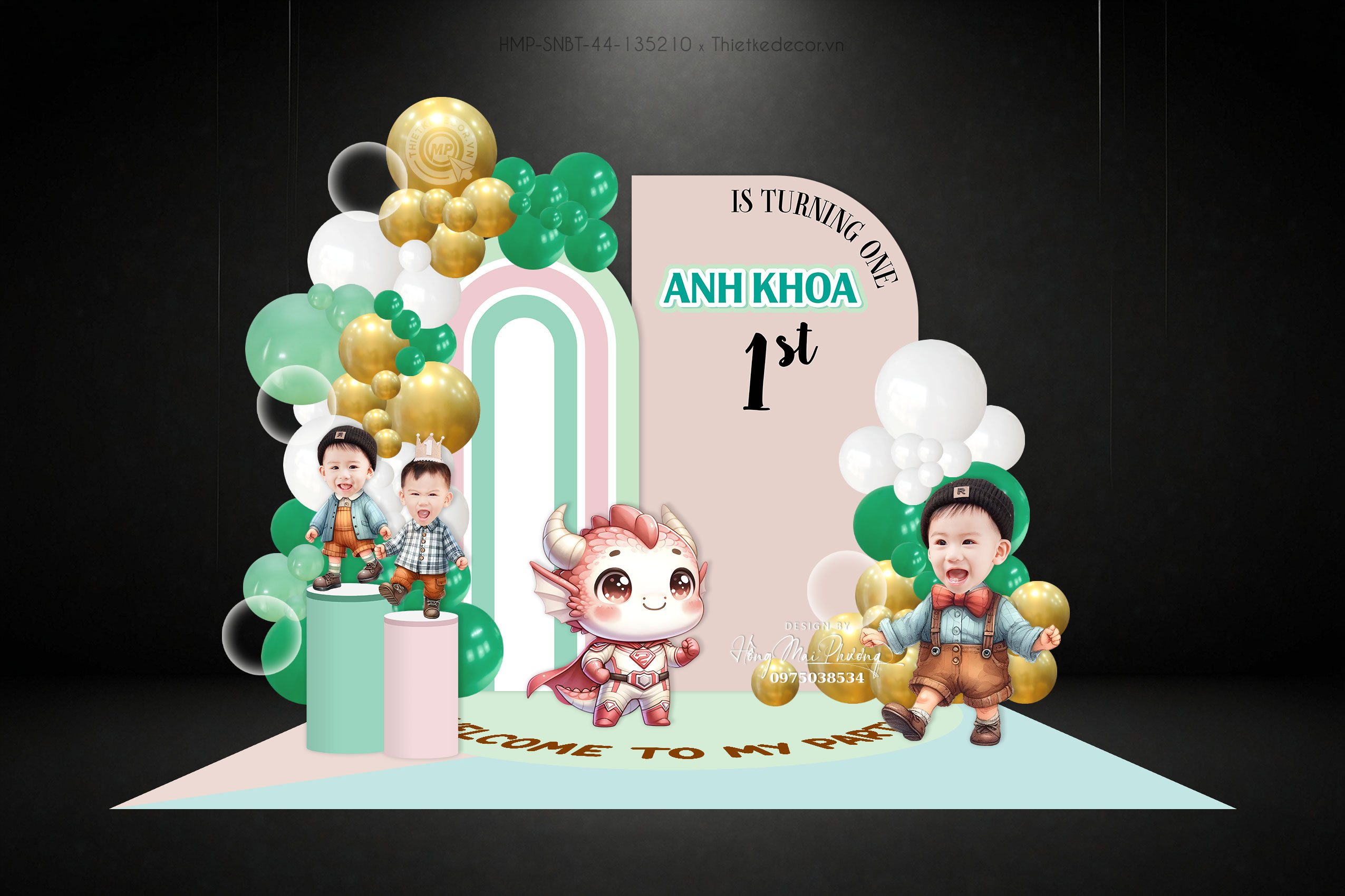 Tiệc sinh nhật bé trai tuổi rồng tone xanh lá mix hồng đất